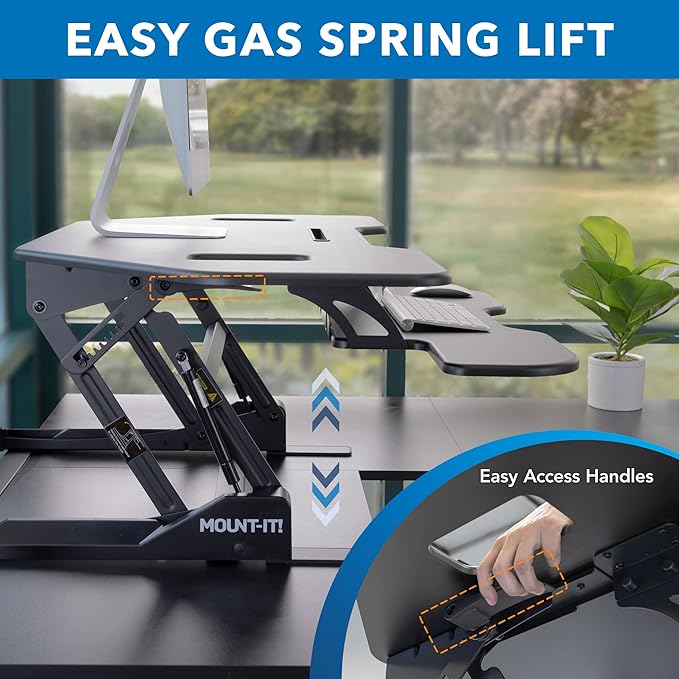 Mount-It! Corner Standing Desk Converter | Height Adjustable 43” Wide Desktop | Corner Stand Up Desk with Gas Spring Handle | Stand Up Computer Workstation with Ergonomic Keyboard Tray | Black