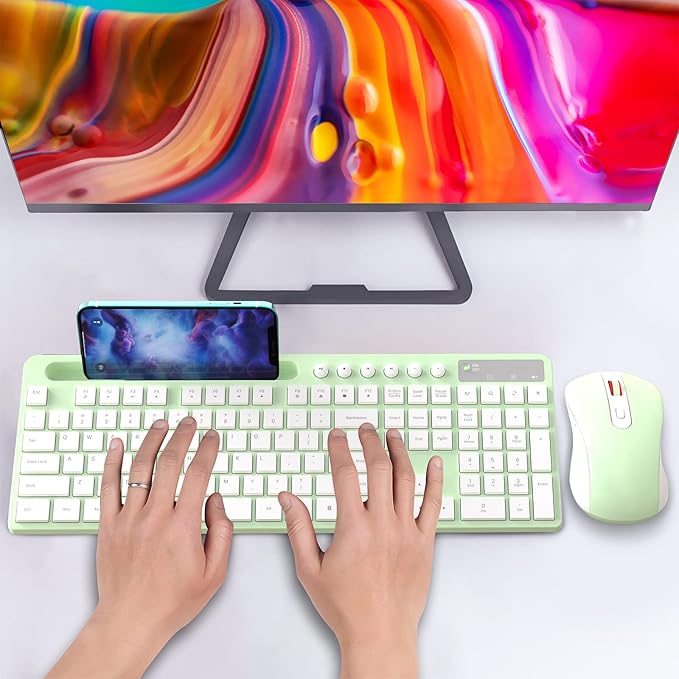 Wireless Keyboard and Mouse Combo, MARVO 2.4G Ergonomic Wireless Computer Keyboard with Phone Tablet Holder, Silent Mouse with 6 Button, Compatible with MacBook, Windows (Green)