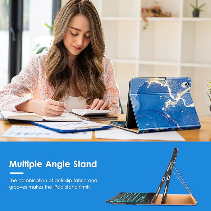 VIKESI Keyboard Case for iPad (A16,2025) 11th Generation/iPad 10th Generation Case (10.9" 2022),Premium Leather Smart Cover,Built-in Breathing Light,Function Row,Pencil Holder,Card Slots -Ocean Marble
