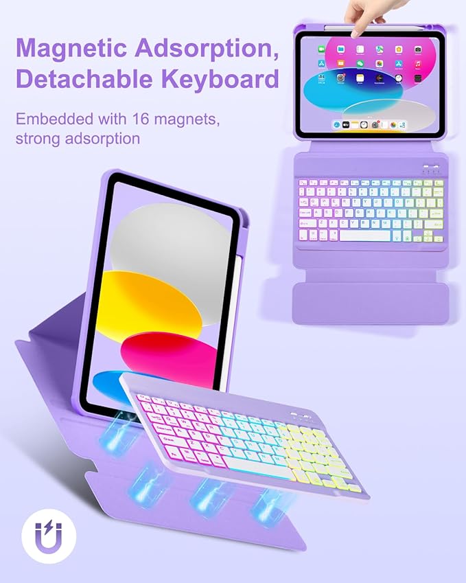 Case with Keyboard Mouse for iPad A16 11th 10th Generation 11/10.9 inch,Rainbow Backlit Detachable Keypad Rotatable Magnetic Cover with Pencil Holder for iPad 11 2025 10 Gen 2022 Purple