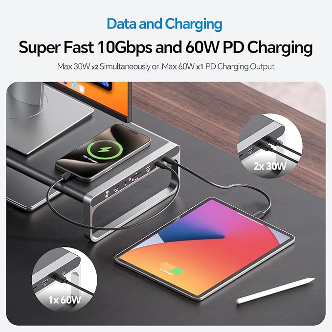 MacBook Docking Station Monitor Stand, 13-in-1 USB C Laptop Docking Station with 6 USB A/C Ports (Data & Max 60W Charging), 4K HDMI, SD/TF, 3.5mm Audio, Ethernet for MacBook, Windows