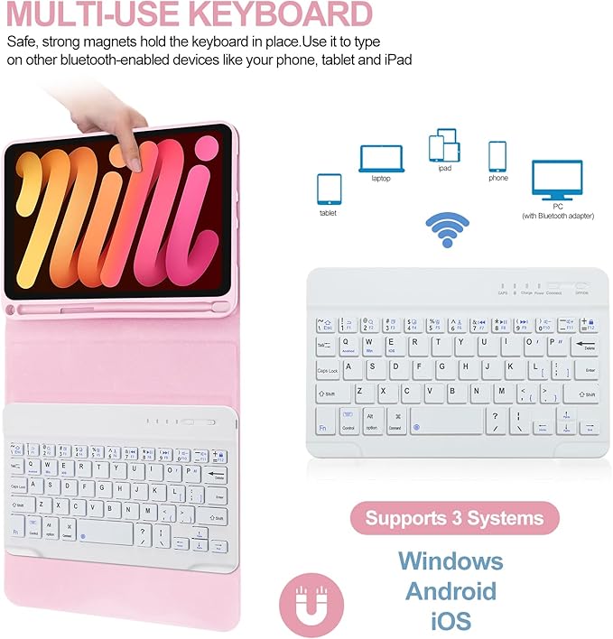 BORIYUAN iPad mini 7th Gen Keyboard Case 2024, Detachable Bluetooth Keyboard Slim Folio Smart Cover with Build-in Pencil Holder for iPad mini (A17 Pro) 7th Gen 2024 / 6th Gen 8.3 Inch, Pink