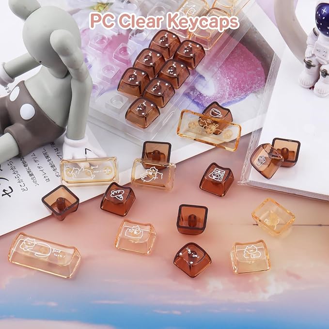 26 Keys Crystal Jelly Personalized Keycaps, PC Material Cute Coffee Cat Transparent Custom Keycaps, Mao Profile Keycap for DIY MX Swithes Mechanical Keyboards