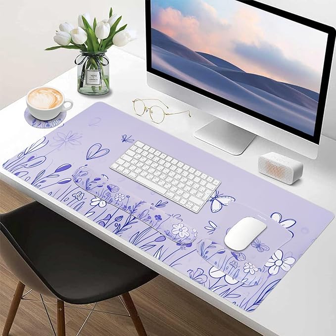 MEGREZ 4-in-1 Ergonomic Memory Foam Wrist Rest Set, Desk Pad, Mouse Pad with Wrist Rest, Keyboard Pad, Suitable for Office Workers, Programmers & Gamers–Relieve Typing & Gaming Fatigue,Light Purple