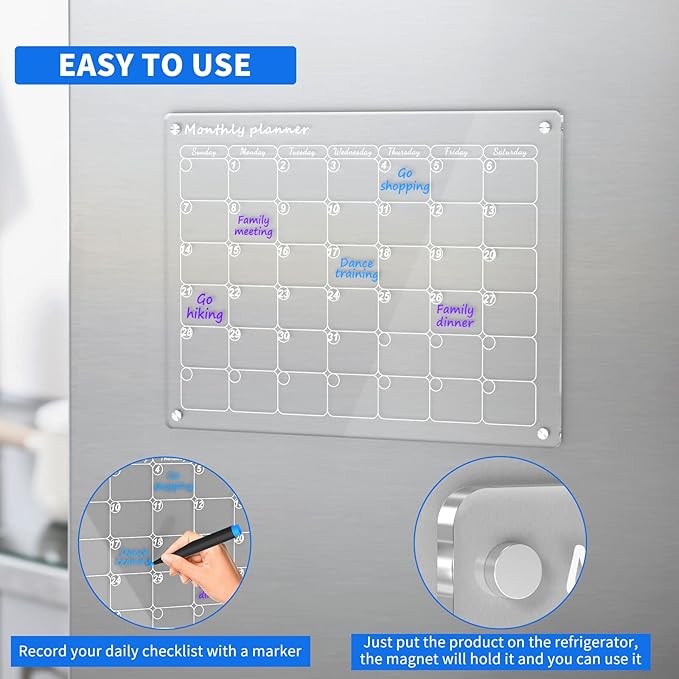 AITEE Acrylic Magnetic Dry Erase Board Calendar for Fridge, 16"x12" Inches Clear Monthly Planner for Refrigerator Includes 6 Dry Erase Markers with 3 Colors