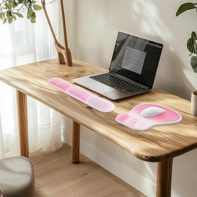 AKIT Ergonomic Mouse Pad with Wrist Rest& Keyboard Wrist Rest, Wrist Rest for Computer Keyboard, Pain Relief, Non-Slip Gel Base, Mousepad Wrist Support for Gaming, Office, Rose Pink Gradient