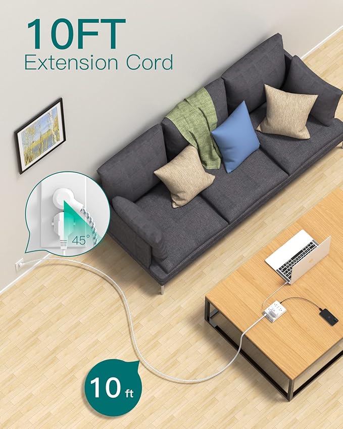 10Ft Long Surge Protector Power Strip, Addtam Extension Cord with 8 AC Outlets and 4 USB Ports(1 USB C), 3-Side Outlet Extender Strip, Flat Plug, Wall Mount, Dorm Home Office Essential, ETL Listed