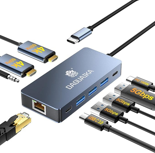 USB C Hub, 9 in 1 Dual Monitor Docking Station, 4K@60Hz Dual HDMI Display, RJ45 1000Mbps Ethernet Adapter, PD 100W, 3*USB-A 3.0 Ports, 3.5mm Audio/mic for MacBook Pro, Lenovo, Surface, Dell XPS, HP