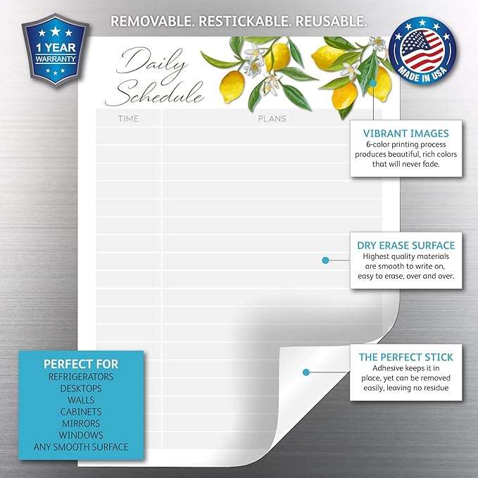 Dry Erase Daily Schedule Planner Sticker Decal by Glassboard Studio | Removable & Reusable | Magnetic Fine-Tip Marker Included (9 x 12 inches, Lemon Fresh)