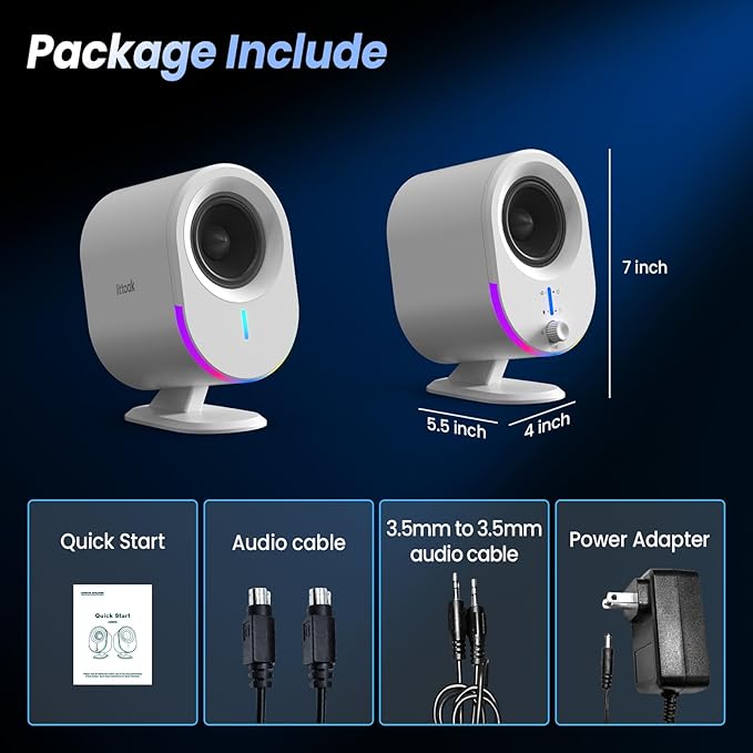 Bluetooth PC Gaming Speakers, 2 * 15W 2.0CH Stereo with 3 EQ & 6 RGB Modes, AC Powered Desktop Speakers with Aux/USB/Headphone Port for Laptop/TV, White