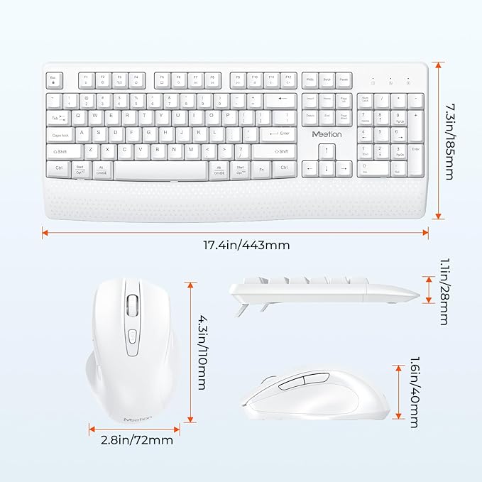 MEETION White Wireless Keyboard and Mouse, 2.4G USB Receiver Plug-and-Play, Computer Keyboard with Wrist Support, 3 Level DPI Mouse, Long Time Lasting Battery for PC/Mac/Windows/Laptop, White