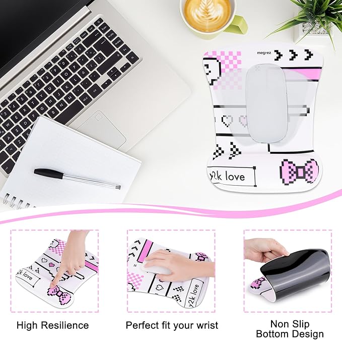 MEGREZ 4-in-1 Ergonomic Memory Foam Wrist Rest Set, Desk Pad, Mouse Pad with Wrist Rest, Keyboard Pad, Suitable for Office Workers, Programmers & Gamers–Relieve Typing & Gaming Fatigue, White Masaic
