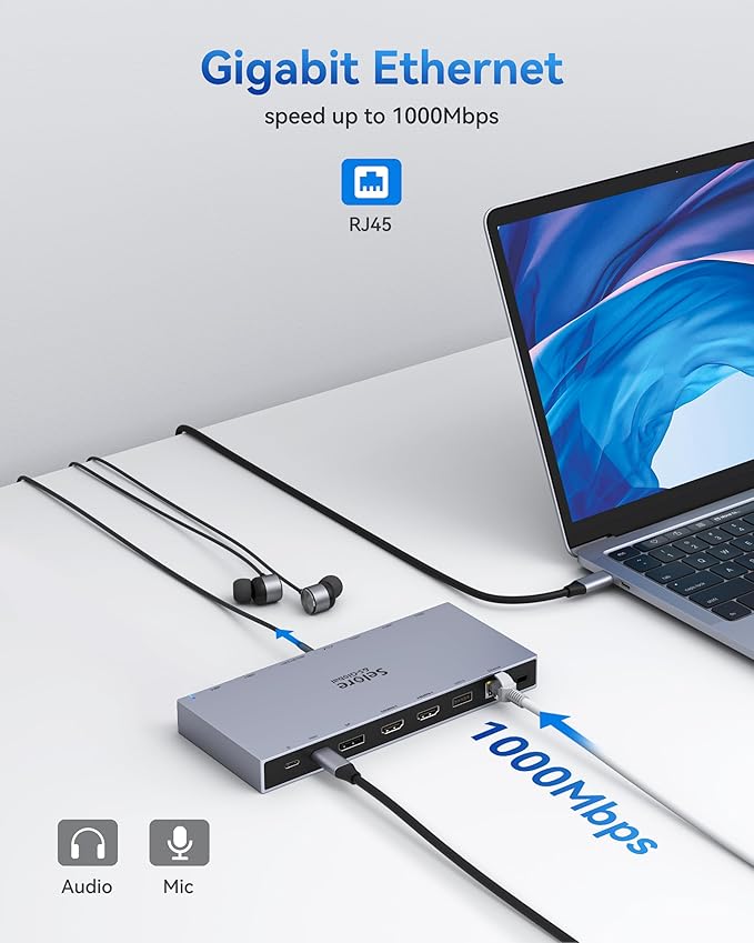 Selore Docking Station 3 Monitor, USB C Laptop Hub with Dual 4K HDMI and Displayport, 10Gbps USB-A/C Data Transfer, 100W PD, Ethernet, Audio, SD/microSD Slot, USB C Dock for Dell XPS/HP/Lenovo