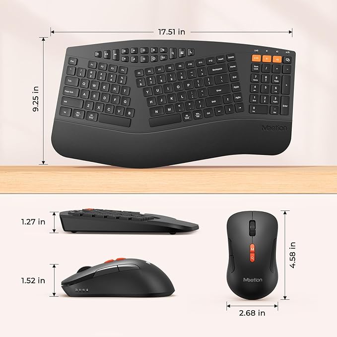 MEETION Ergonomic Keyboard and Mouse, Multi-Device Bluetooth Keyboard and Mouse Wireless, 4 DPI Adjustable Mouse, Full-Sized Split Keyboard, for PC/Computer/Laptop/Tablet/Window/Mac