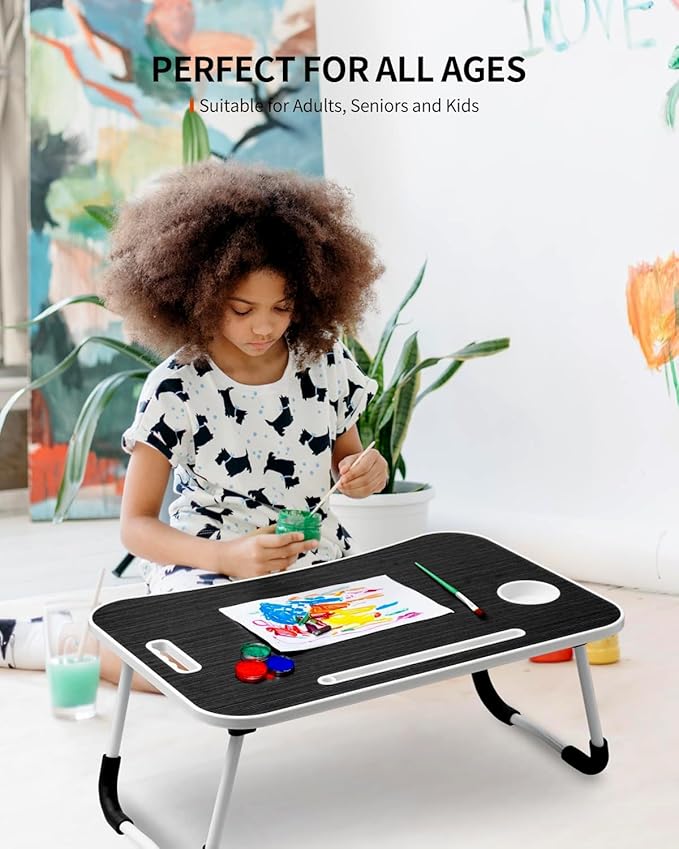 Foldable Laptop Table, Portable Lap Desk Bed Table Tray, Laptop Stand with Cup Holder & Tablet Slot & Lifting Handle for Working Writing Drawing & Eating (Black Grain)