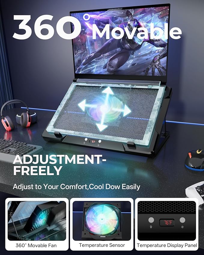 DEPGI Laptop Cooling Pad, Laptop Cooler Stand with 5.5" Movable Fan Easy to Clean, Auto Temp Sensor & 3-Speed Manual Control, Ultra Quiet ≤40dB for 14–17.3 Inch Laptops，Black