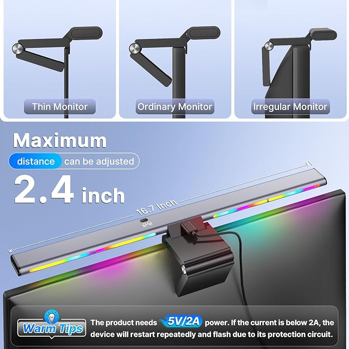 Syrinx Computer Monitor Light Bar with Backlight for Home Office, Eye-Caring USB LED Reading Lamp, Dimmable Screen Monitor Lamp, Smart Motion Sensor, Touch Control, CRI 95+, No Screen Glare for (RGB)
