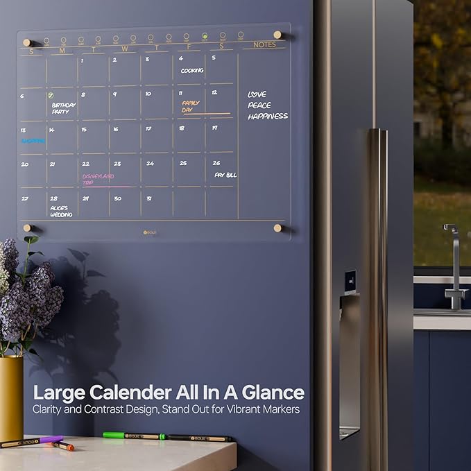 Clear Glass Monthly Dry Erase Calendar Non-Magnetic Whiteboard for Wall, 17" x 23", Frameless Large Monthly Menu Planner White Board for Home Kitchen & Office, 4 Markers Included, Yeoux