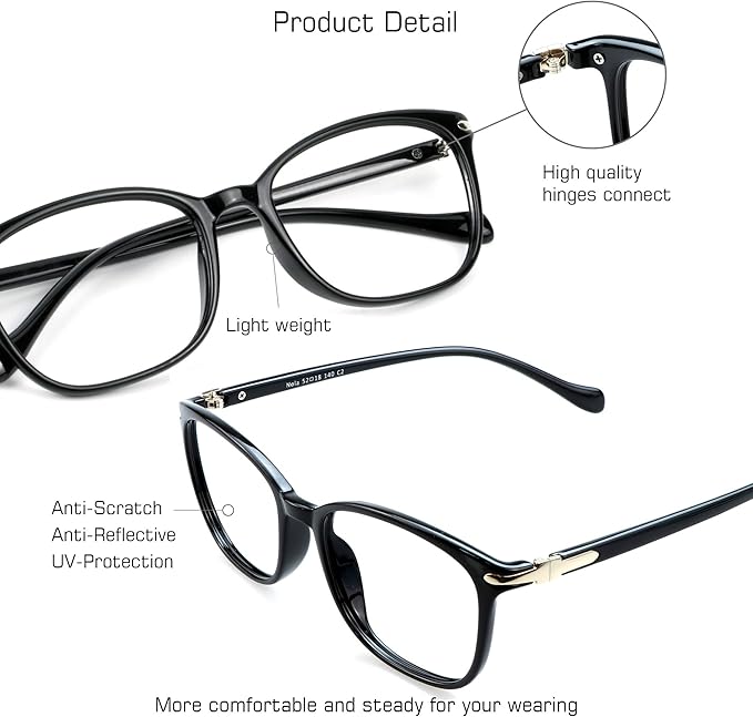 VisionGlobal Blue Light Blocking Glasses for Women/Men, Anti Eyestrain, Computer Reading, TV Glasses, Stylish Square Frame, Anti Glare(Black,No Magnification)