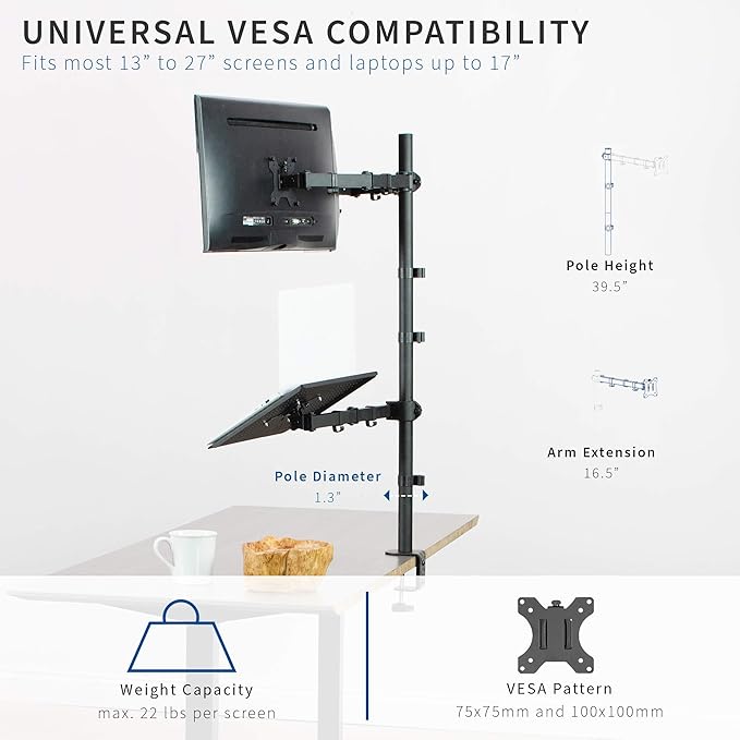 VIVO Laptop and Dual 13 to 27 inch LCD Monitor Stand up Desk Mount, Extra Tall Adjustable Stand, Fits Laptops up to 17 inches, Black, STAND-V012L