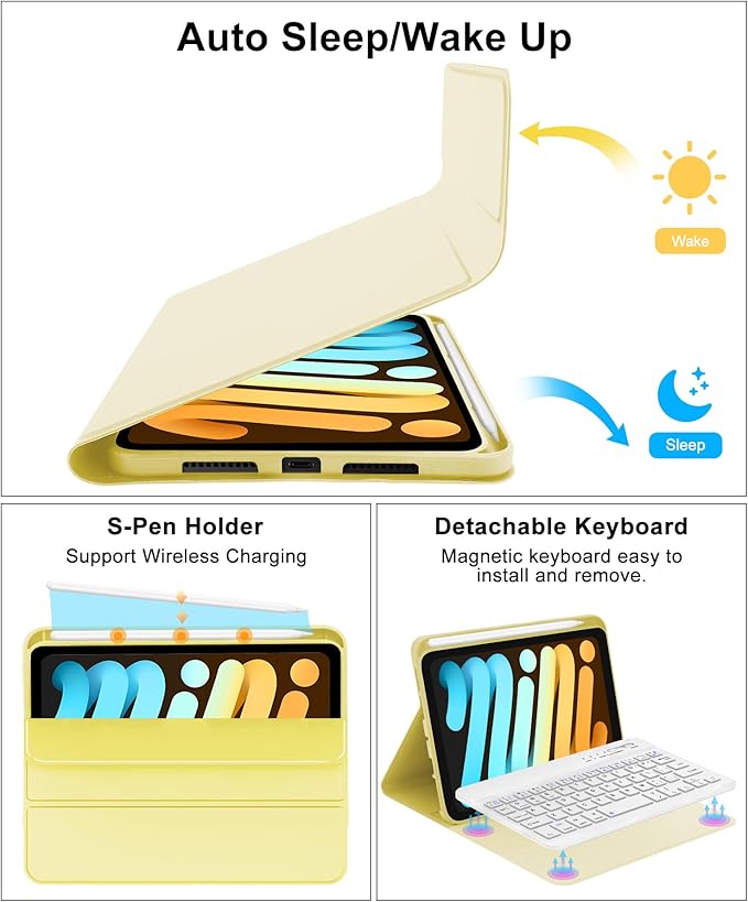 iPad mini 7th Gen 2024 (A17 Pro) & iPad mini 6 Keyboard Case 2021, Detachable Wireless Bluetooth Keyboard Slim Folio Smart Cover with Pencil Holder for iPad mini 7th/6th Gen 8.3 inch - Yellow