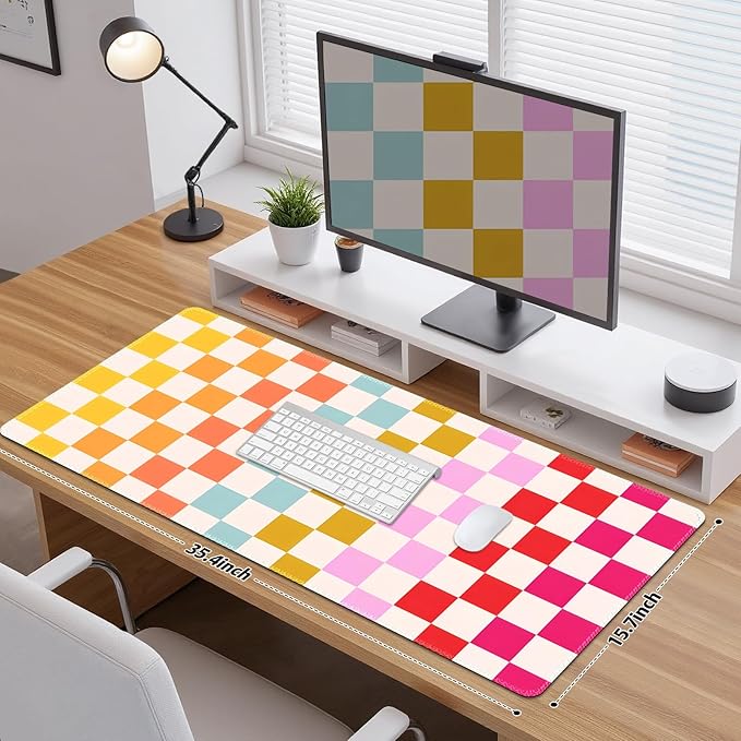 Desk Mat for Keyboard and Mouse, Non-Slip Large Mouse Pad Keyboard Pad, Computer Mats for Desktop, Cute Desk Pad with Stitched Edges for Office, Gaming I Rainbow Checkerboard