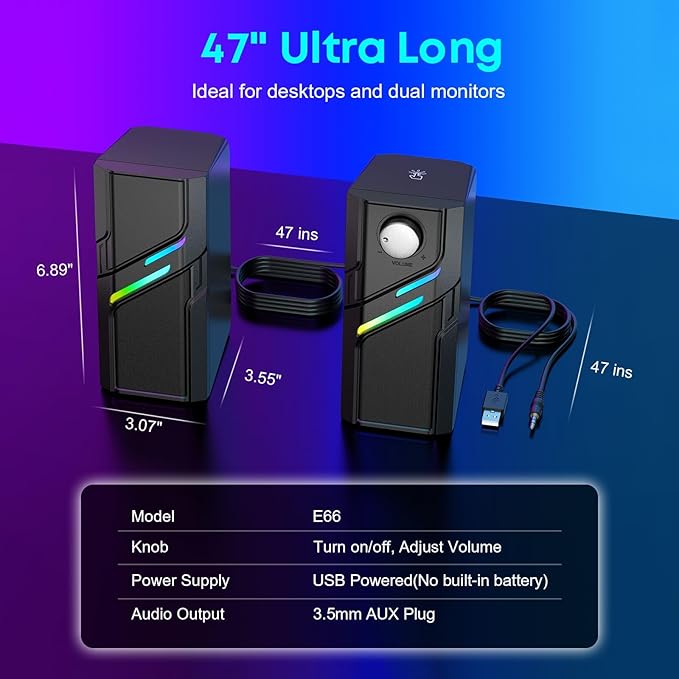 LENRUE Computer Speakers for Desktop PC with Easy Knob, Clear Powerful Sound, Touch Lights, Plug and Play for Computer Desktop PC, Monitors, Laptop