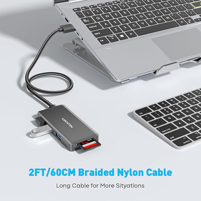 USB Hub for Laptop | 5-Port USBA Splitter with 3*USB-A 3.0 and SD/TF Card Reader 2FT Braided Nylon Cable, Multi-Port USB Extender for PC, MacBook, Mac mini, Surface, Desktop