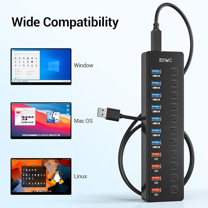 11-Port USB 3.0 Splitter (7 Data Transfer Ports + 4 Smart Charging Ports), Powered USB Hub with Individual LED On/Off Switches and 12V/3A Power Adapter