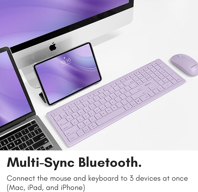 Macally Wireless Keyboard and Mouse Combo for Mac - Compatible Apple Bluetooth Keyboard and Mouse Combo for MacBook Pro/Air, iMac, Mac mini/Pro/Studio (Multi Device, Rechargeable, Emoji Keys, Purple)