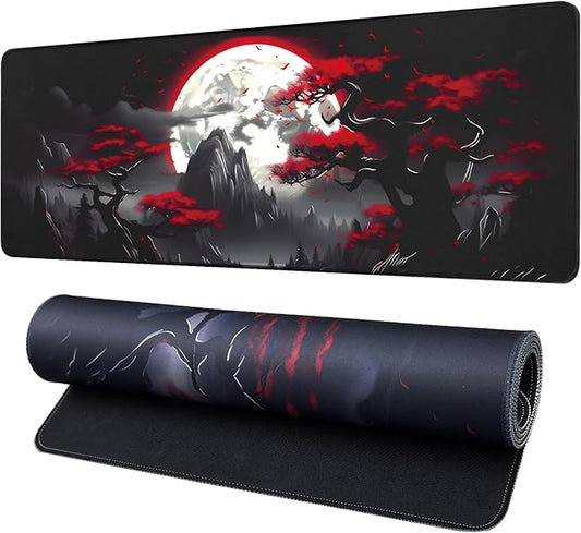 Large Gaming Mouse Pad, Anime Black Mousepad with with Non-Slip Base, Expanded Cool Desk Mat, Mountain Moon Scenery XL Keyboard Mat Suitable for Home Office,31.5 X 15.7 Inch