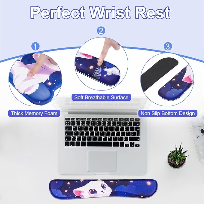 MEGREZ 4-in-1 Ergonomic Memory Foam Wrist Rest Set, Desk Pad, Mouse Pad with Wrist Rest, Keyboard Pad, Suitable for Office Workers, Programmers & Gamers–Relieve Typing & Gaming Fatigue, Blue Purple