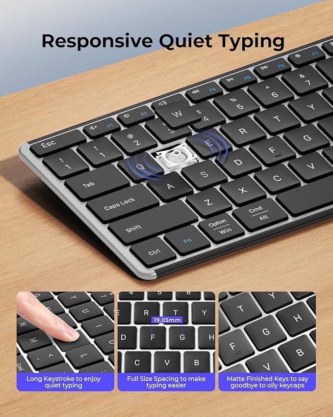 seenda Wireless Bluetooth Keyboard and Mouse Combo, SKM64-3 Rechargeable Slim Quiet Keyboard Mouse, 3 Multi-Device Connection, Compatible for Windows, Mac, MacBook, iPad, Tablet, Black Silver