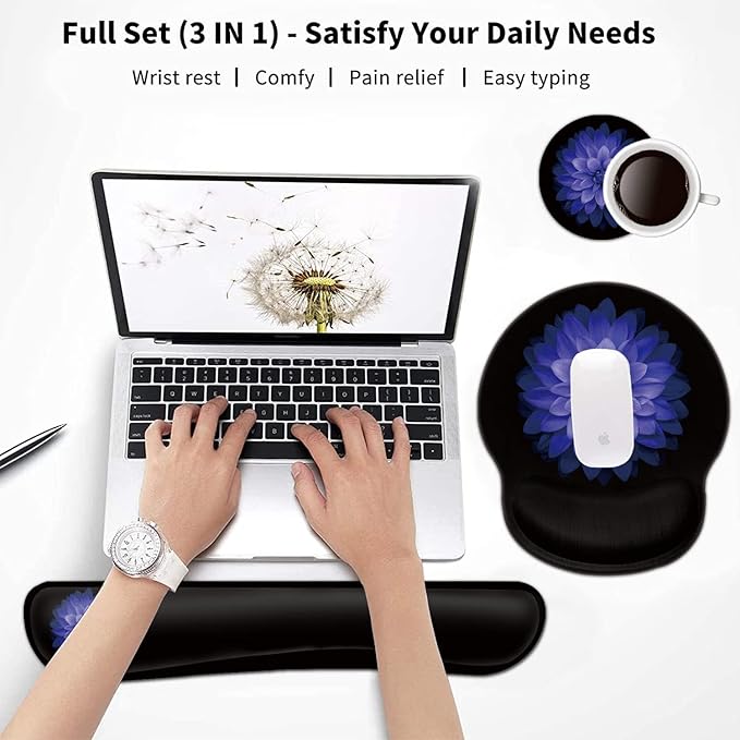 Keyboard Wrist Rest and Mouse Pad with Wrist Support, Ergonomic Gel Mouse Pad Coaster, Comfortable Lightweight for Easy Typing Pain Relief, Memory Foam Keyboard Mousepad Set,Purple Flowers