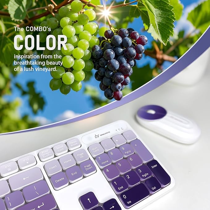 Wireless Keyboard and Mouse Combo - 2.4G Wireless, Rechargeable, Low-Noise, Cute Colorful, Full-Sized, 3 DPI Adjustable Mouse, for Computer, Laptop, PC, Desktop (Gradient Purple)