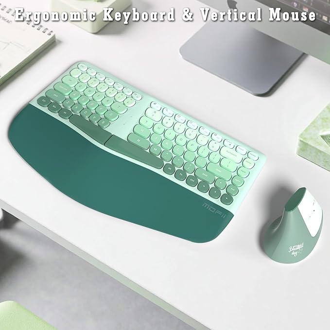 Wireless Keyboard and Mouse Combo, 84-Key Ergonomic Membrane Keyboard Curved Split Keys with Wrist Rest & 6-Key Vertical Mouse, Cordless Set for Win/Mac, Mint Green (AAA Batteries Included)