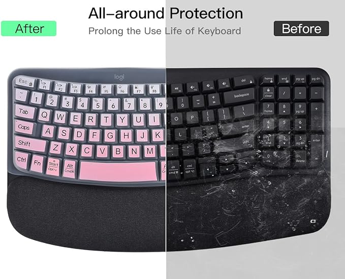 Large Print Keyboard Cover for Logitech Wave Keys MK670 Combo Keyboard Skin, Logitech Wave Keys Wireless Ergonomic Keyboard Cover Protector Skin, Logitechs Waves Key Accessories, Ombre Pink