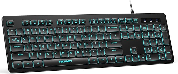 TECKNET Wired Keyboard,Silent USB Keyboard for Office,Spill-Resistant,Slim Full-Size Membrane Layout,Plug and Play for PC/Laptop/Mac-RGB Backlit