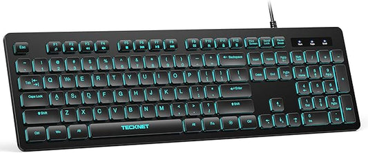TECKNET Wired Keyboard,Silent USB Keyboard for Office,Spill-Resistant,Slim Full-Size Membrane Layout,Plug and Play for PC/Laptop/Mac-RGB Backlit