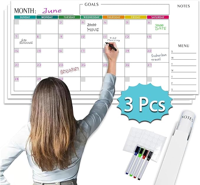 Large 15x30 Dry Erase Wall Calendar - 3-Month Undated Whiteboard Planner for Office, Classroom, Home | Reusable with Markers & Stickers (Horizontal Landscape Layout)