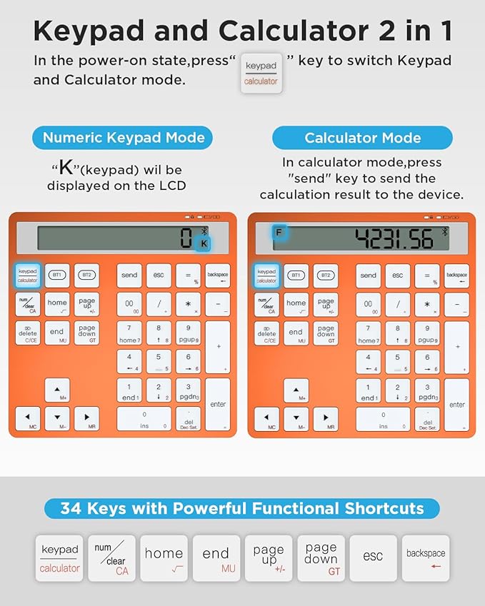 HoRiMe Number Pad for Laptop - Rechargeable Wireless Number Keypad 34 Keys with Dual Bluetooth, 2 in 1 Numeric Keypad Calculator with Display - Portable Slim Numpad for Windows, Mac, iMac, PC, Tablet
