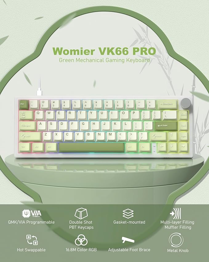 Womier 60% Gaming Mechanical Keyboard Green QMK/VIA Creamy Keyboard Wired, Hot Swappable Gasket Mount RGB Key Board & PBT Keycaps(VK66 PRO)