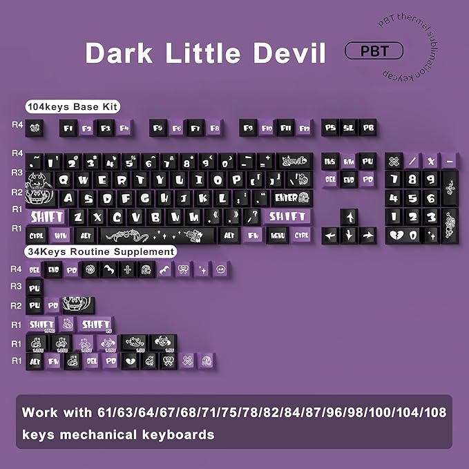 PBT Keycaps, 138 Keys Dark Little Devil Theme OEM Height Keycaps Dye-Sublimation Set for 61/64/68/84/87/100/104/108 Cherry MX Mechanical Keyboard