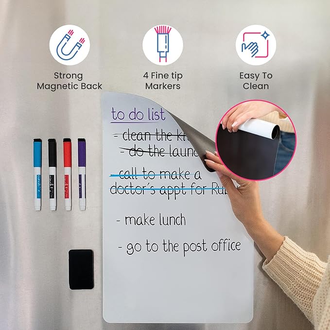 20x13 Stain-Resistant Magnetic Whiteboard for Fridge - Includes 4 Markers and Big Eraser With Magnets - Dry Erase Board - Refrigerator White Board Organizer and Planner