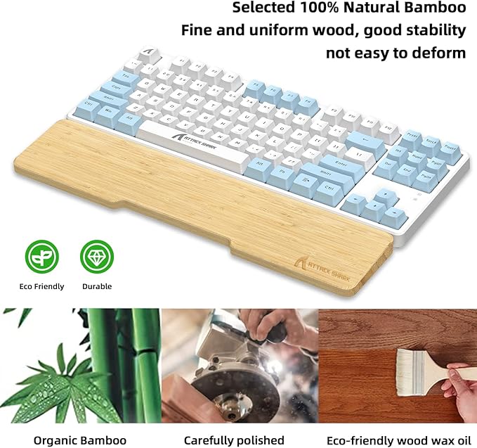 ATTACK SHARK Bamboo Wrist Rest for Computer Keyboard，Ergonomic Hard Palm Rest for Comfortable Typing Pain Relief，Anti-Slip Wrist Support for Office, Gaming, Laptop (87 Key)