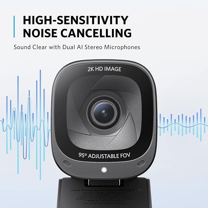 Anker PowerConf C200 2K Webcam for PC/Laptop/Mac, Computer Camera, Low-Light Correction, AI-Noise Canceling Mics, Adjustable Field of View, Built-in Privacy Cover, Stereo Mics, for Meeting