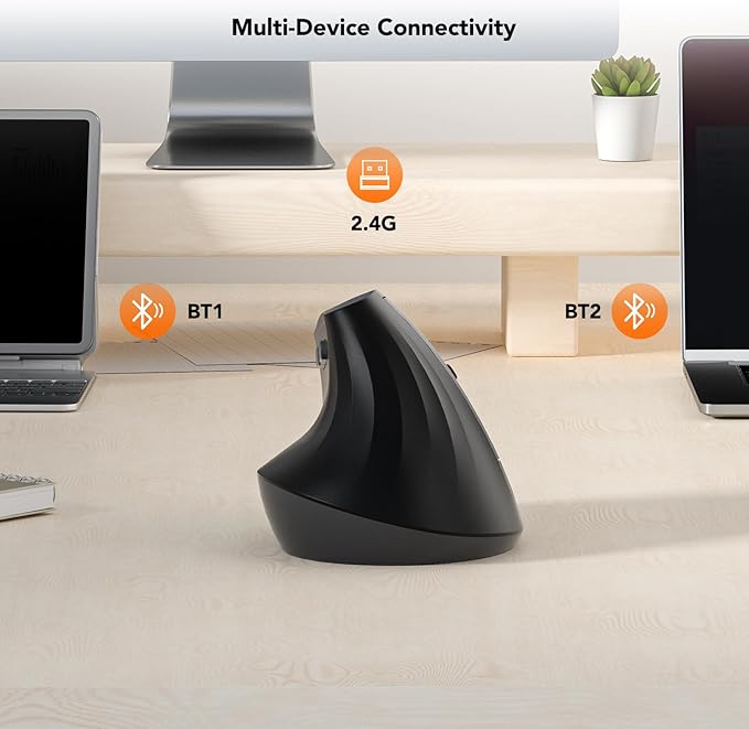 KYSONA Wireless Ergonomic Mouse, Vertical Mouse, Bluetooth Ergo Mouse, Quiet Click, 5 Level Adjustable DPI(800/1200/2400/2400/4000), Rechargeable 2.4G Mice Computer, PC, Mac, Laptop, Black