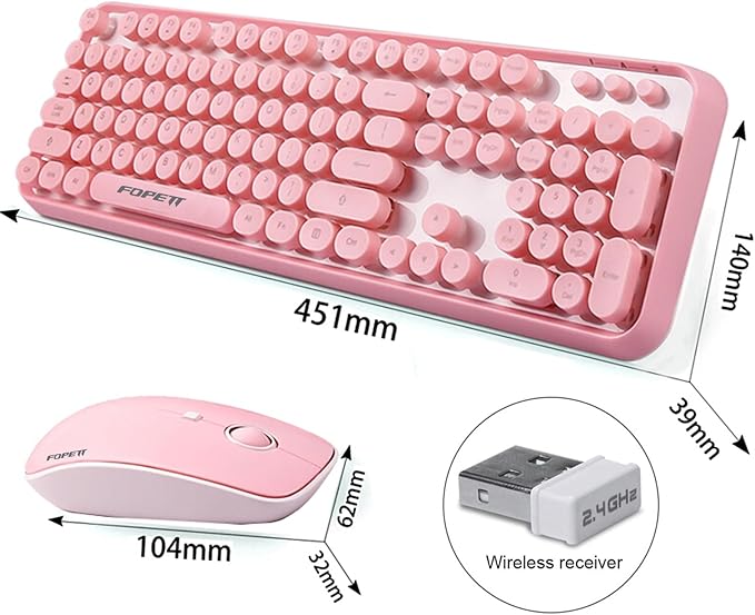 Wireless Keyboard and Mouse | Cute Colorful Keyboard and Mouse with 2.4GHz Cordless Retro Typewriter Keyboard | Auto-Sleep | USB Receiver for Windows PC/Laptop - Pink