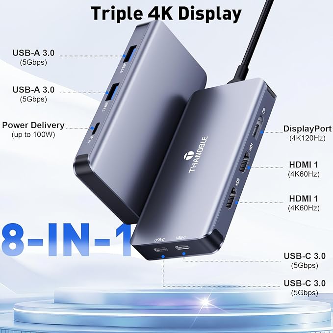 USB C Docking Station Dual Monitor, Laptop Docking Station 3 Monitor, USB C Hub Dual 4K@60Hz HDMI Display with DisplayPort Port, 5Gbps USB-A/C Data Port, 100W PD, for HP/Dell/Lenovo/Laptop