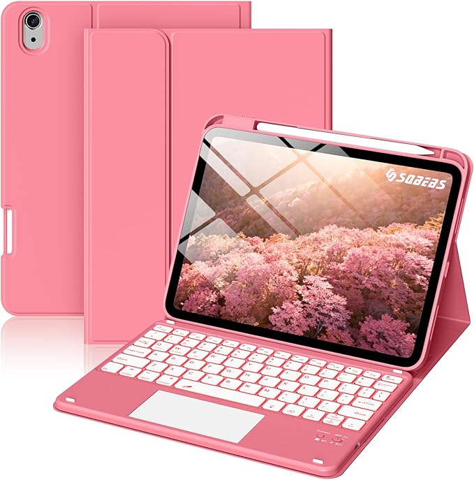 for iPad A16 11th 10th Case with Keyboard: Backlit Keyboard Case with Trackpad & Pencil Holder, Magnetic Detachable for Students Daily Learning & Note-Taking, Watermelon Red